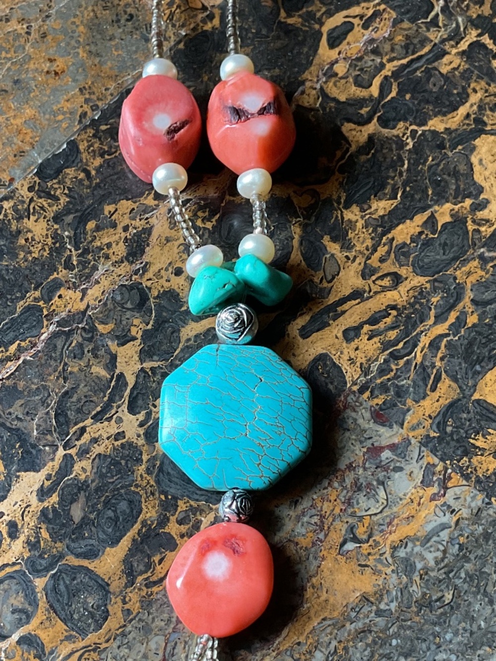 NWT  Genuine Turquoise Red Coral Perl Long Necklace